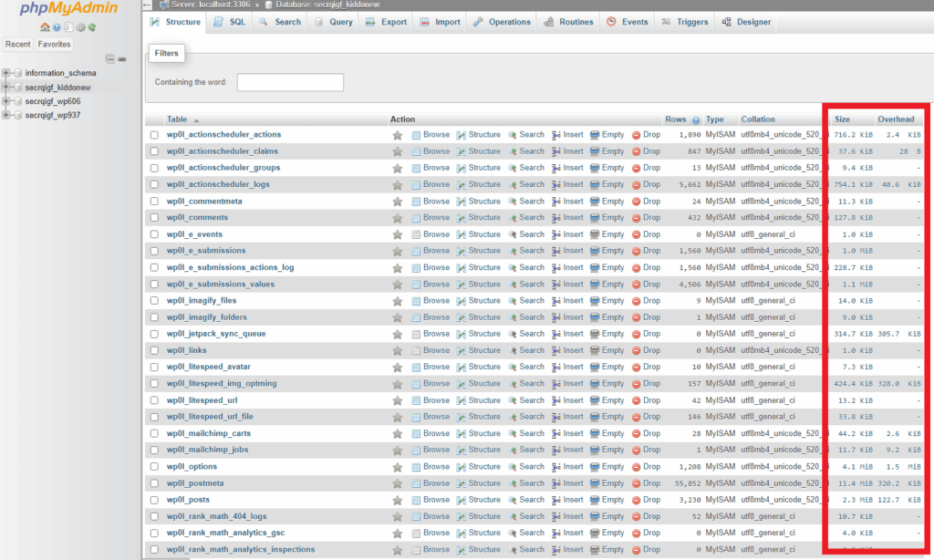 Kontrol af størrelsen og overhead af databasen via phpmyadmin