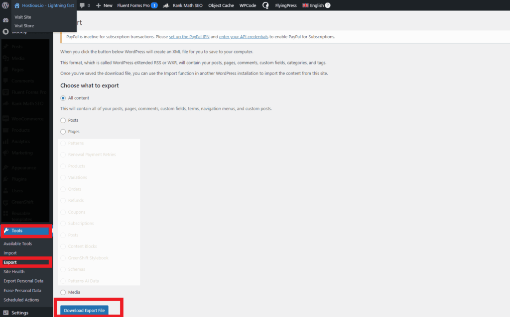 Wordpress-indholdsmigrering - Eksporter indhold fra dit wordpress Admin-dashboard