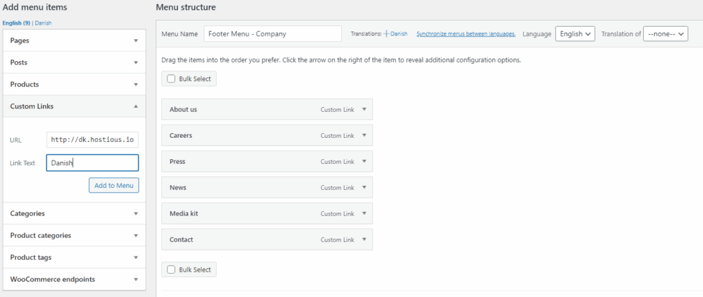 Adding a custom language link to your website