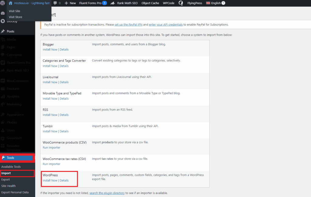 Wordpress-indholdsmigrering - installer wordpress-importværktøj og importer indhold fra et gammelt wordpress-websted