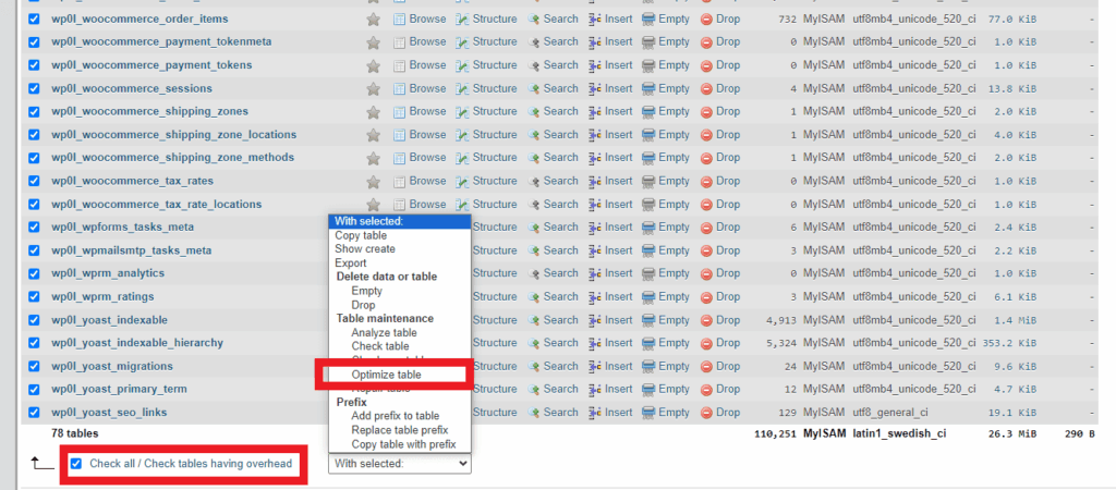Optimer tabellen via phpmyadmin