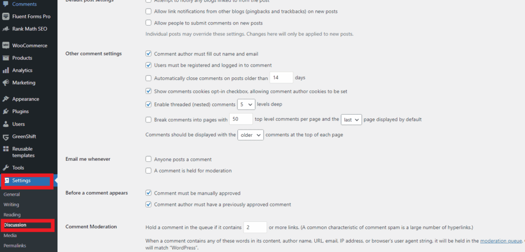 deaktiver kommentarer til ældre indlæg via diskussionsindstillinger på wordpress dashboard
