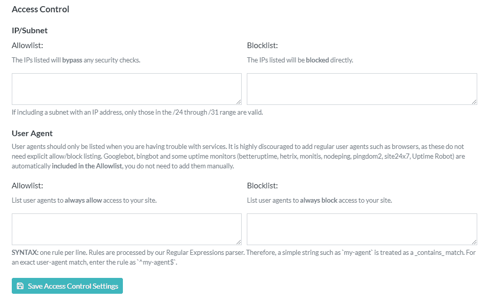 Indstillinger for adgangskontrol quic.cloud  