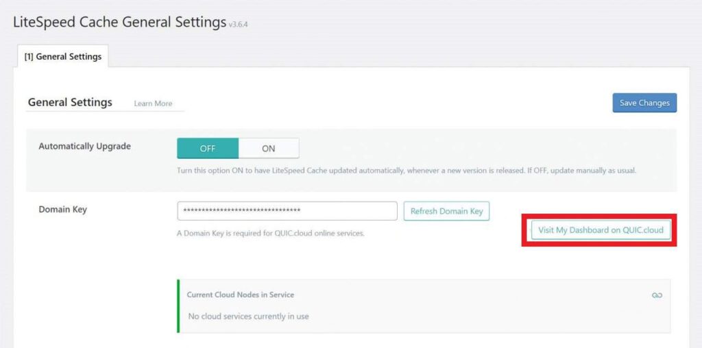 Adgang til quic.cloud CDN-dashboard via WordPress admin dashboard
