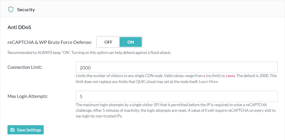Anti DDoS-quic.cloud indstillinger