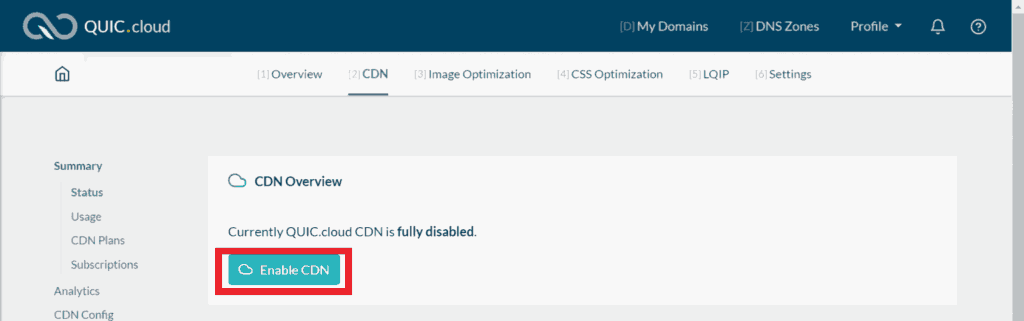 hvordan man aktiverer quic.cloud CDN i instrumentbrættet