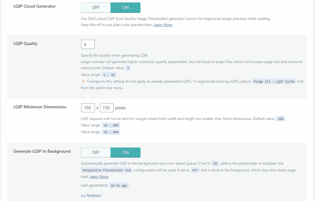 aktivering af LQIP via quic.cloud CDN Dashboard  