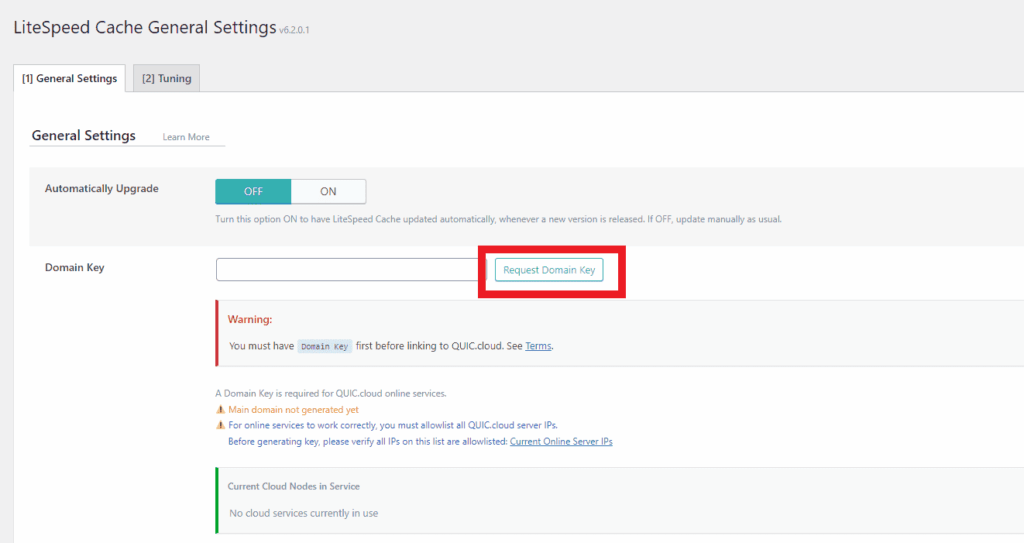 anmodning om domænenøgle til quic.cloud CDN i litespeed cache-plugin